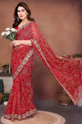 Attractive red sequins embroidered georgette wedding and party wear saree
