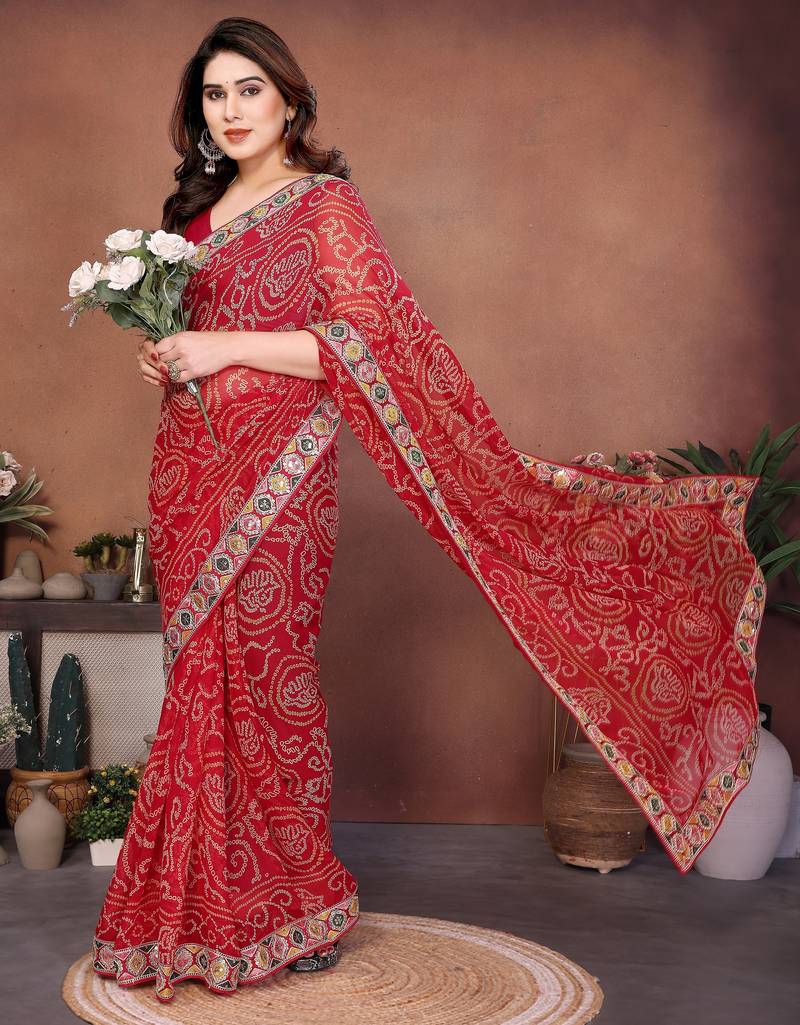 Attractive red sequins embroidered georgette wedding and party wear saree