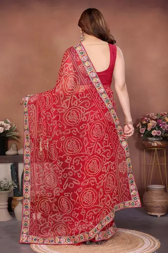 Attractive red sequins embroidered georgette wedding and party wear saree
