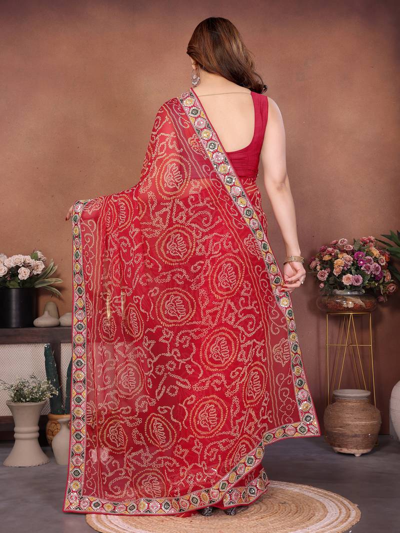 Attractive red sequins embroidered georgette wedding and party wear saree