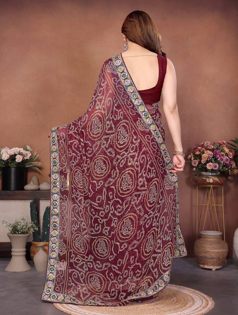 Captivating maroon sequins embroidered georgette traditional wedding saree