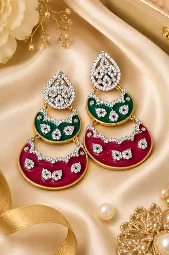 Gold Finish Enamel Meenakari Dangle AD Earrings