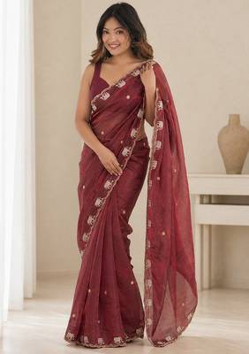Appealing maroon sequins embroidered with bits work frendy satin latest designer ceremonial saree 1