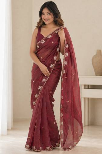 Appealing maroon sequins embroidered with bits work frendy satin latest designer ceremonial saree