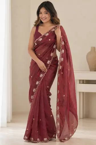 Appealing maroon sequins embroidered with bits work frendy satin latest designer ceremonial saree