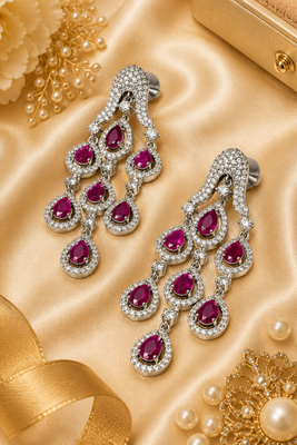 Rhodium Finish Ruby Cascade AD Earrings 3
