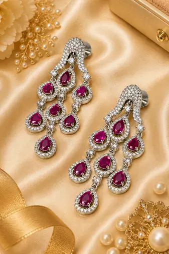 Rhodium Finish Ruby Cascade AD Earrings