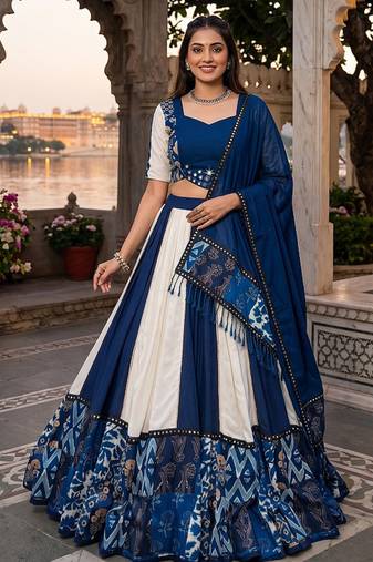 Royal Blue Navratri Printed Flared Ghagra Choli Set for Women