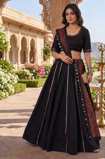 Black Cotton Plain Lehenga Choli With Real Mirror Work And Printed Dupatta