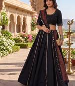 Black Cotton Plain Lehenga Choli With Real Mirror Work And Printed Dupatta