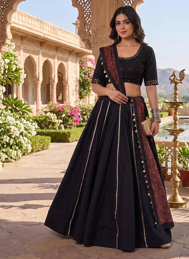 Black Cotton Plain Lehenga Choli With Real Mirror Work And Printed Dupatta