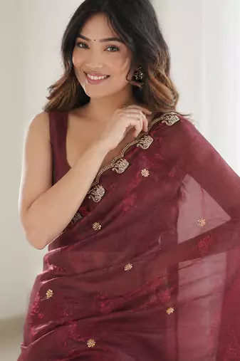 Appealing maroon sequins embroidered with bits work frendy satin latest designer ceremonial saree