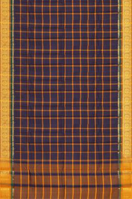 Oxford navy blue & antique marigold yellow chettinad cotton saree with running blouse 6