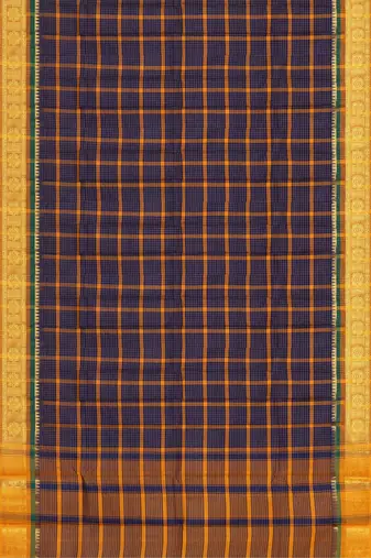 Oxford navy blue & antique marigold yellow chettinad cotton saree with running blouse