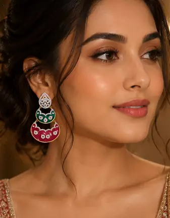 Gold Finish Enamel Meenakari Dangle AD Earrings