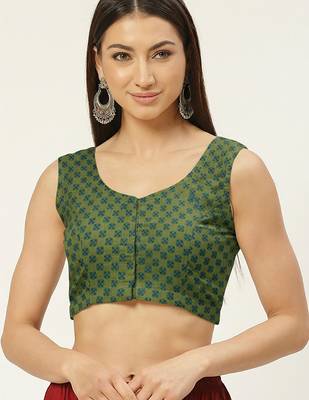 Green cotton ajrak printed non padded blouse 1