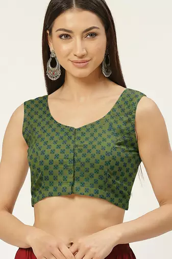 Green cotton ajrak printed non padded blouse