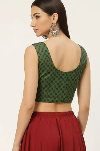 Green cotton ajrak printed non padded blouse