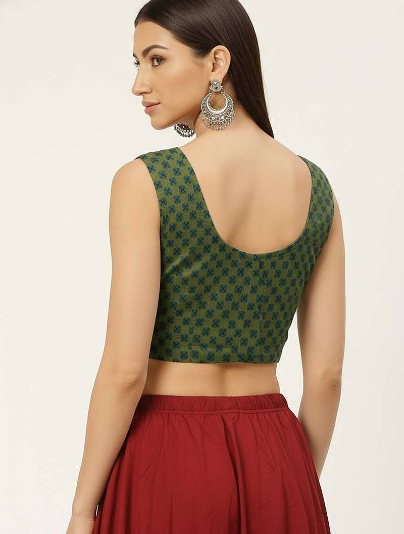 Green cotton ajrak printed non padded blouse