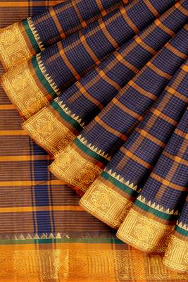 Oxford navy blue & antique marigold yellow chettinad cotton saree with running blouse 7