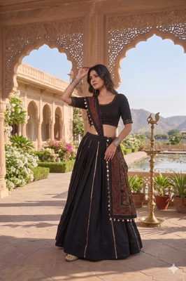 Black Cotton Plain Lehenga Choli With Real Mirror Work And Printed Dupatta 2