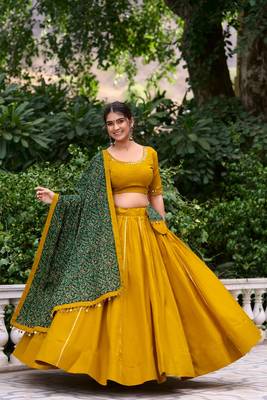 Yellow Cotton Plain Lehenga Choli With Real Mirror Work And Printed Dupatta 1