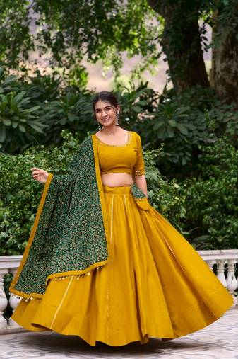 Yellow Cotton Plain Lehenga Choli With Real Mirror Work And Printed Dupatta