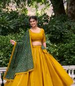 Yellow Cotton Plain Lehenga Choli With Real Mirror Work And Printed Dupatta