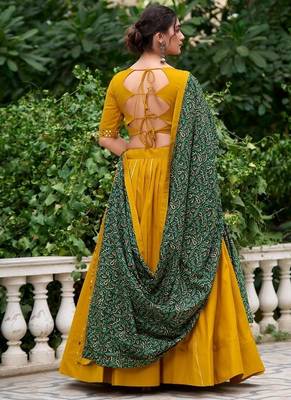 Yellow Cotton Plain Lehenga Choli With Real Mirror Work And Printed Dupatta 2