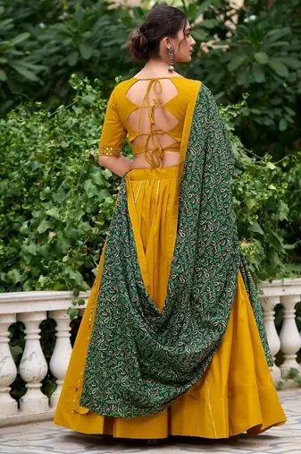 Yellow Cotton Plain Lehenga Choli With Real Mirror Work And Printed Dupatta