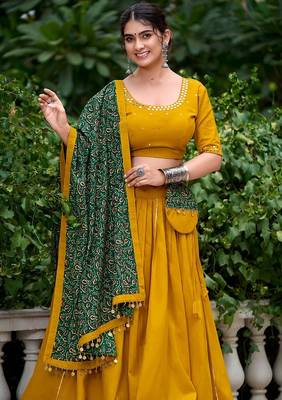 Yellow Cotton Plain Lehenga Choli With Real Mirror Work And Printed Dupatta 3