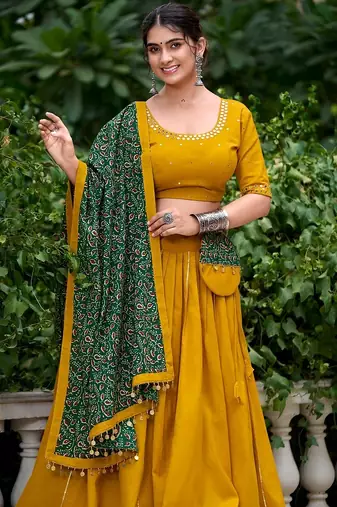 Yellow Cotton Plain Lehenga Choli With Real Mirror Work And Printed Dupatta
