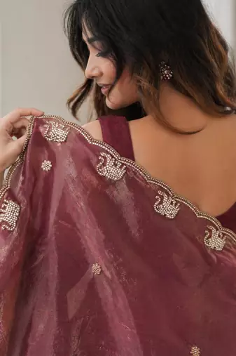 Appealing maroon sequins embroidered with bits work frendy satin latest designer ceremonial saree