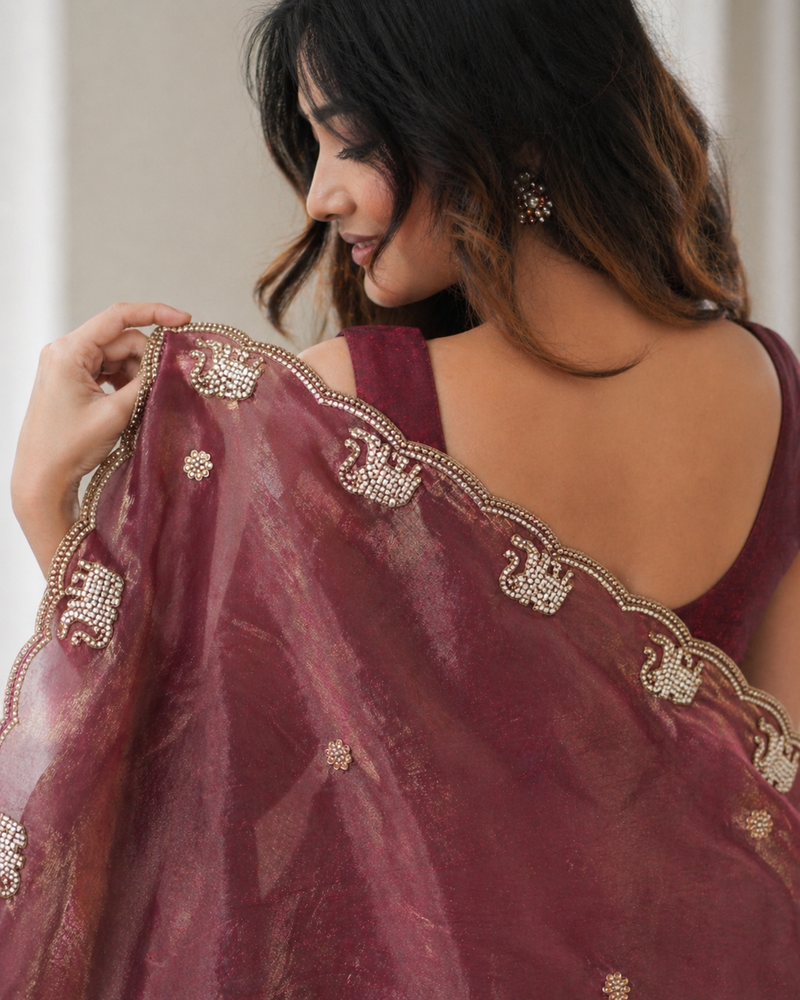Appealing maroon sequins embroidered with bits work frendy satin latest designer ceremonial saree