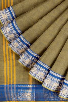 Olive green moss & royal blue sapphire chettinad cotton saree with running blouse 7