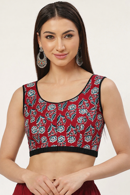 Maroon cotton sanganeri printed non padded blouse 1