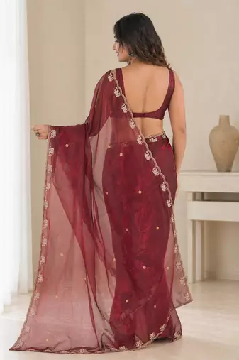 Appealing maroon sequins embroidered with bits work frendy satin latest designer ceremonial saree