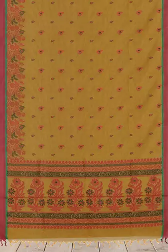 Mustard gold & coral rose kovai cotton saree with running blouse