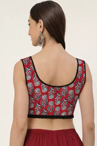 Maroon cotton sanganeri printed non padded blouse