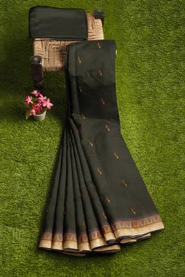 Dark olive green & antique gold kovai cotton saree with running blouse 7