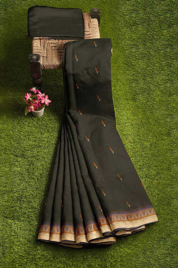 Dark olive green & antique gold kovai cotton saree with running blouse