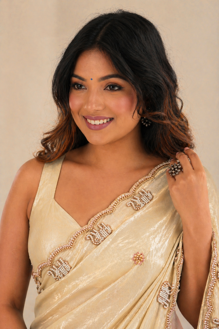 Engaging beige sequins embroidered with bits work frendy satin saree with blouse