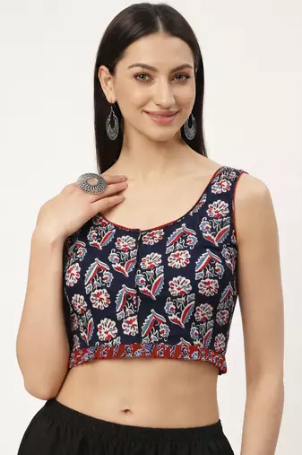 Black cotton sanganeri printed non padded blouse