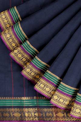 Navy blue & emerald green chettinad cotton saree with running blouse 7