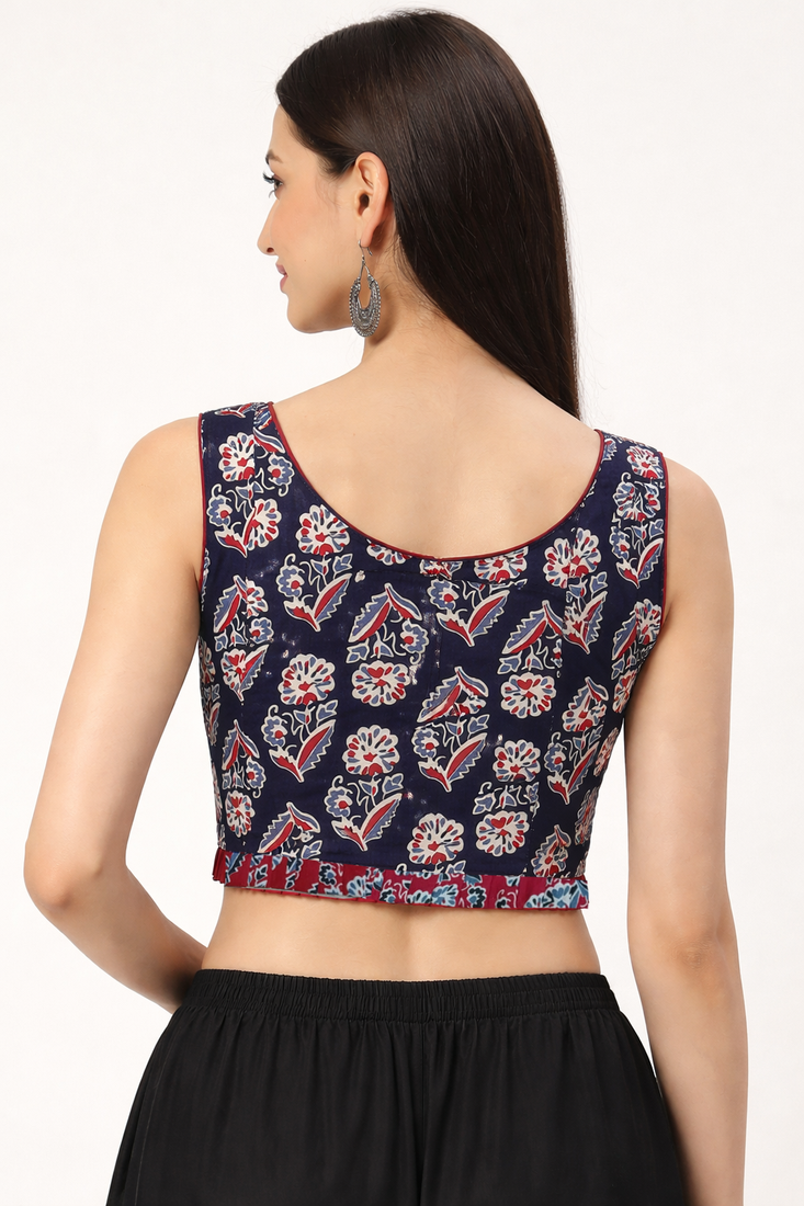 Black cotton sanganeri printed non padded blouse
