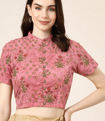 Pink cotton sanganeri printed non padded blouse
