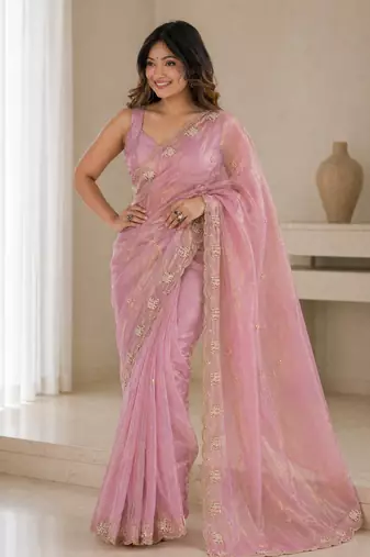 Dazzling lavender sequins embroidered with bits work frendy satin latest designer traditional saree