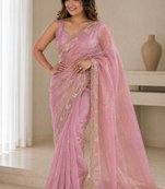 Dazzling lavender sequins embroidered with bits work frendy satin latest designer traditional saree