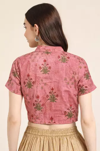 Pink cotton sanganeri printed non padded blouse
