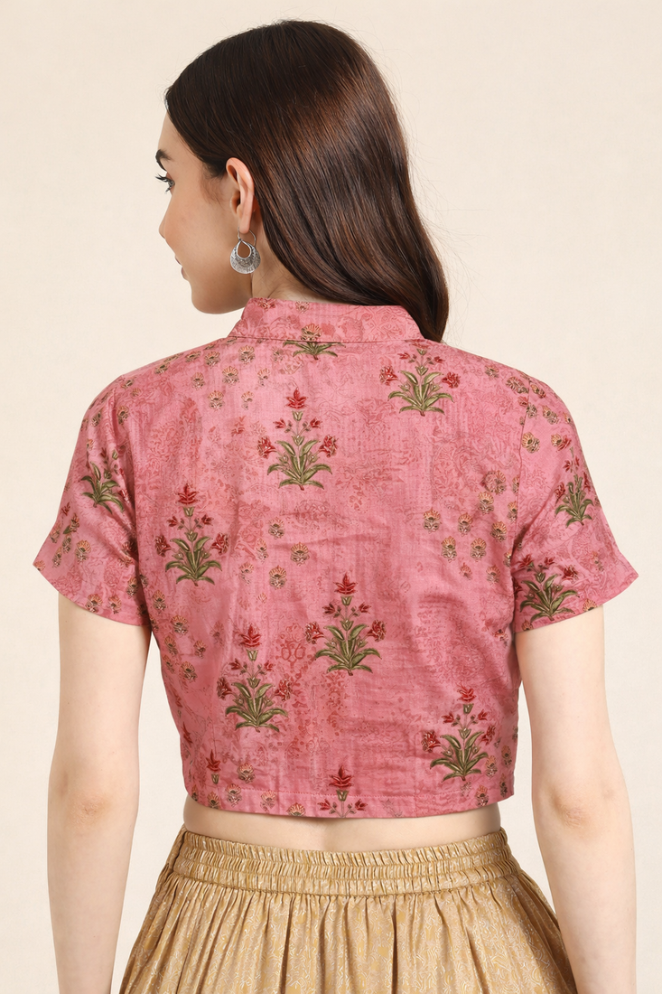 Pink cotton sanganeri printed non padded blouse